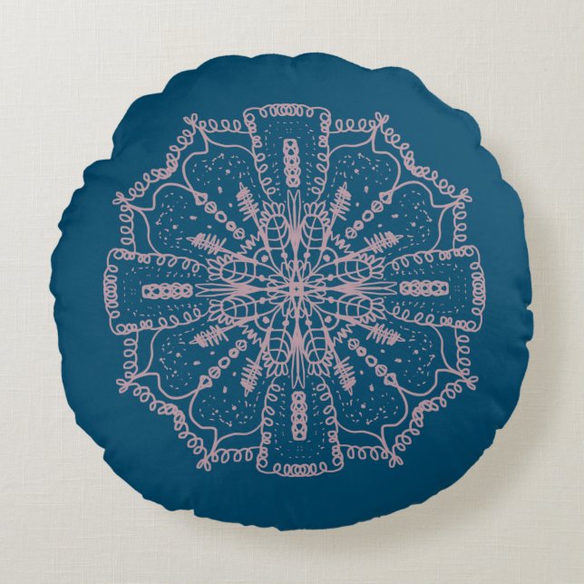Bohemisk Mandala Handritad Matt Rosa Rund Kuddöver Kudde (Framsidan)