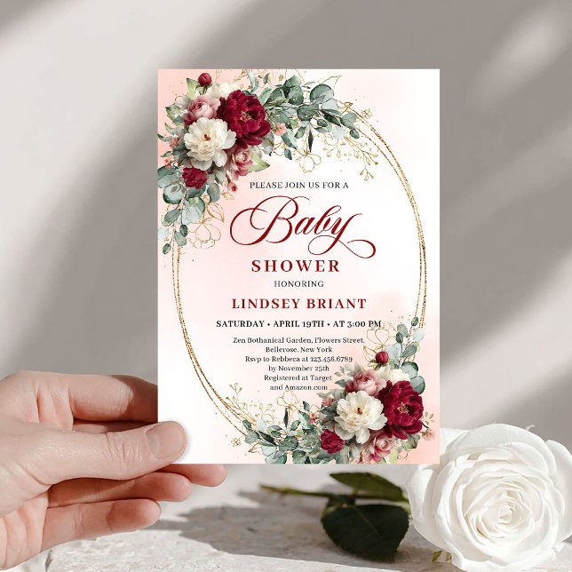 Bohemisk Marsala Blommig Baby Shower Inbjudan (Bohemian Marsala Floral Baby Shower Invitation)