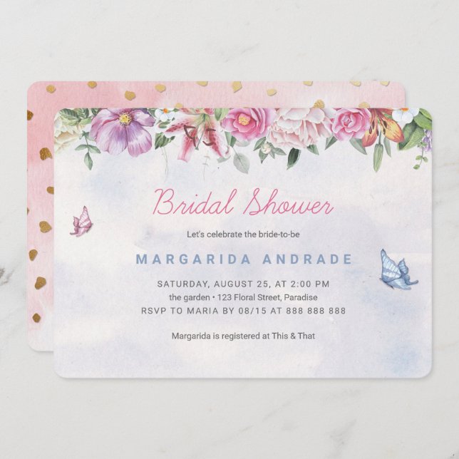 Bohemisk Möhippa Vattenfärgsfärgning Rosa Guld Blo Inbjudningar (Fram/baksida)