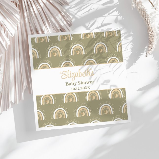 Bohemisk Neutralt Regnbow Baby Shower Pappersservett (Bohemian Neutral Rainbow Baby Shower Napkins on a sunny white table.)