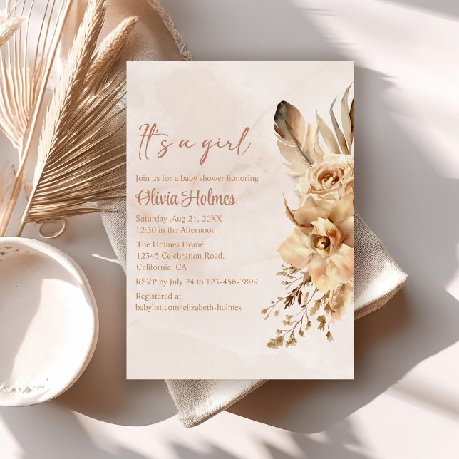 Bohemisk  Pampas Grass Orchid Baby Shower Inbjudningar (Bohemian Blush Pampas Grass Orchid Baby Shower Invitation on a neutral boho table.)