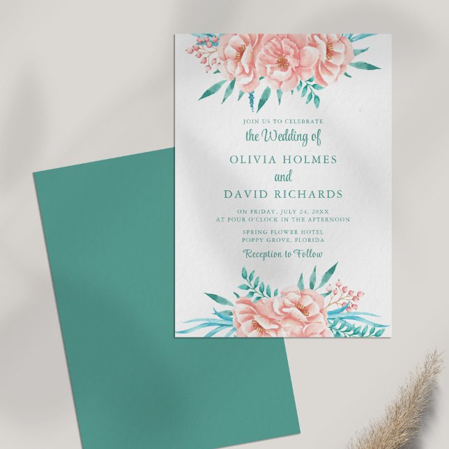 Bohemisk päron- och turkos blomsterbröllopsinbjuda inbjudningar (Bohemian Peach and Turquoise Floral Wedding Invite on white table.)