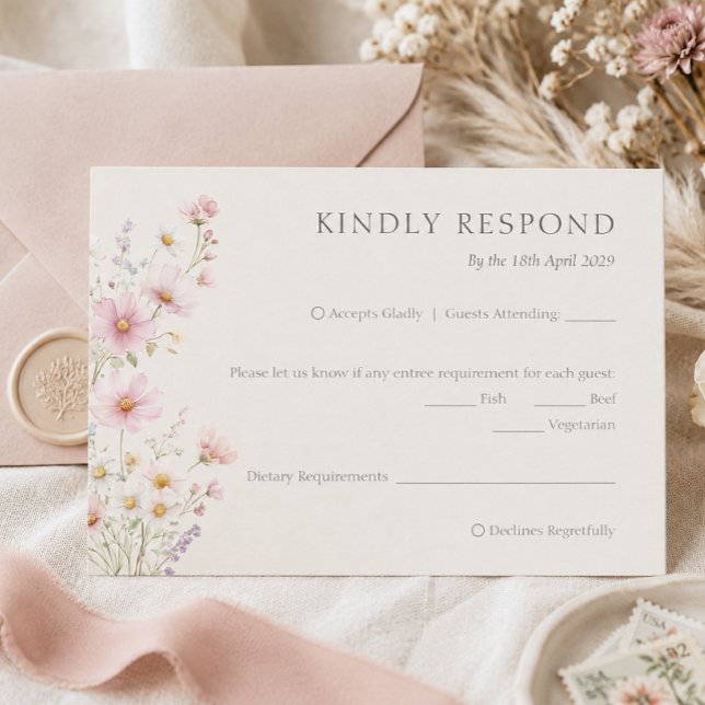 Bohemisk Pastell Rosa Vildblommor Bröllop  OSA Kort (Bohemian Pastel Pink Wildflowers Wedding RSVP Card)