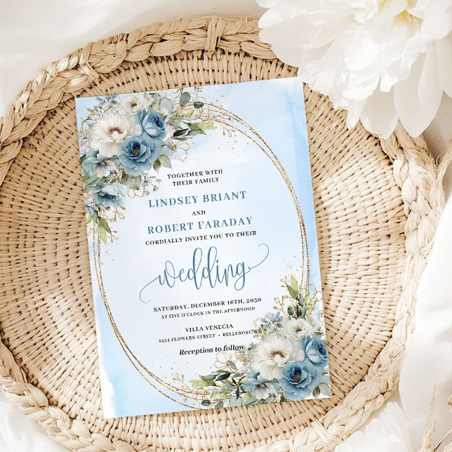 Bohemisk Pastellblå Blommig Guld Bröllopsinbjudan Inbjudningar (Bohemian Pastel Blue Floral Gold Wedding Invitation)