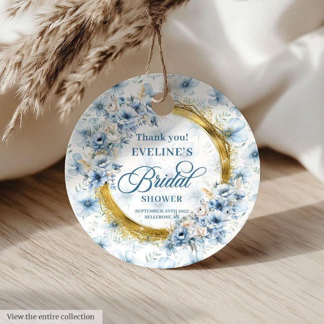 Bohemisk Pastellblå Guldglitter Blommig Dusch Gåvor Etiketter (Bohemian Pastel Blue Gold Glitter Floral Shower Favor Tags)