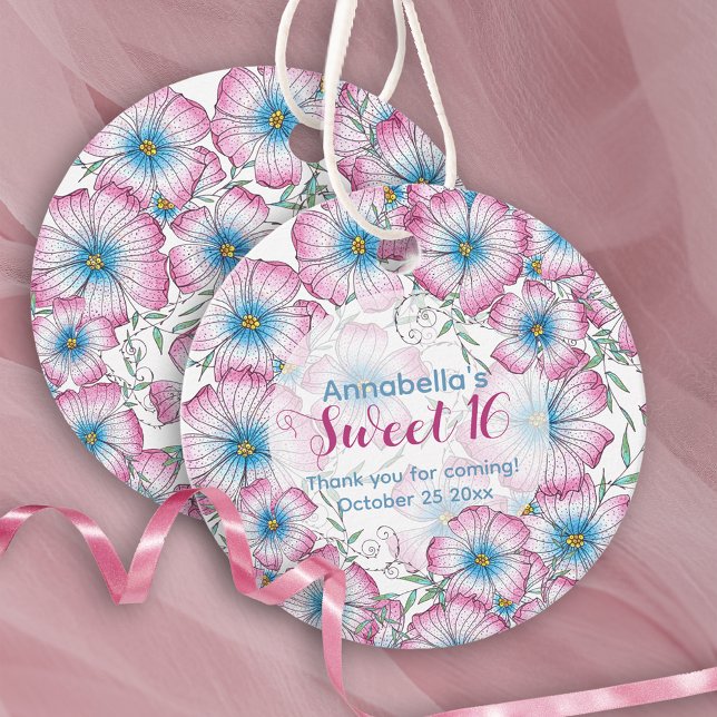 Bohemisk pastellBlommigt Rosa Blue Sweet 16 Gåvor Etiketter (Skapare uppladdad)