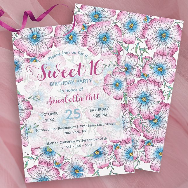 Bohemisk pastellBlommigt Rosa Blue Sweet 16 Inbjudningar (Skapare uppladdad)