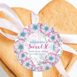 Bohemisk pastellBlommigt Rosa Blue Sweet 16 Runt Klistermärke