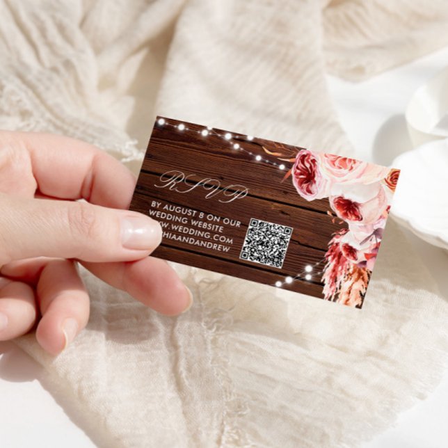 Bohemisk Ros Rustik Trä Bröllops QR-kod RSVP Tilläggskort (Skapare uppladdad)