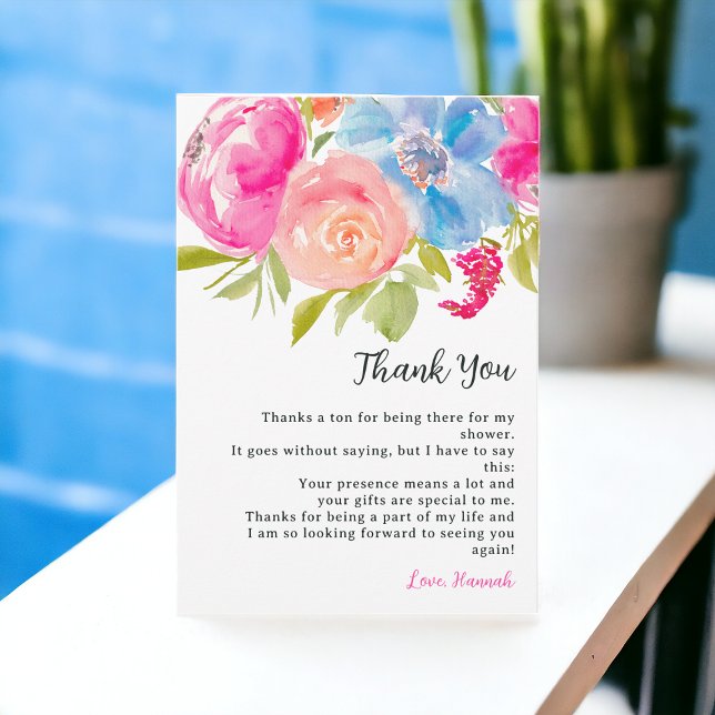 Bohemisk rosa blå blommig vattenfärg bröllopsfest tack kort (Bohemian pink blue floral watercolor bridal shower thank you card)
