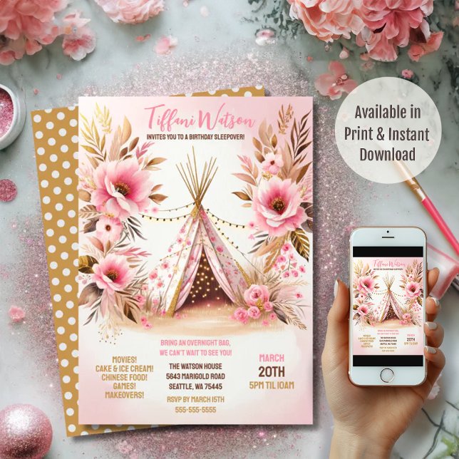 Bohemisk Rosa Blommig Glittrande Ljus Pyjamasparty Inbjudningar (Skapare uppladdad)