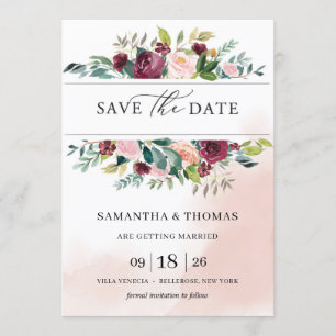 Bohemisk  rosa-burgundär blommigt utom datum inbjudningar