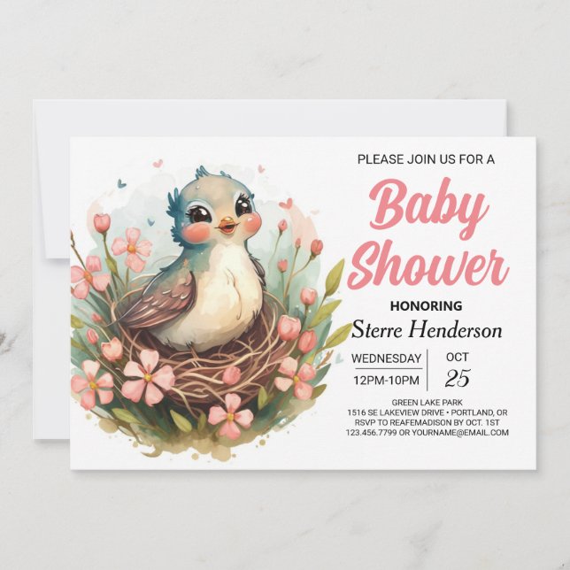 Bohemisk Rosa Elegant Bird Baby Shower Inbjudningar (Framsida)