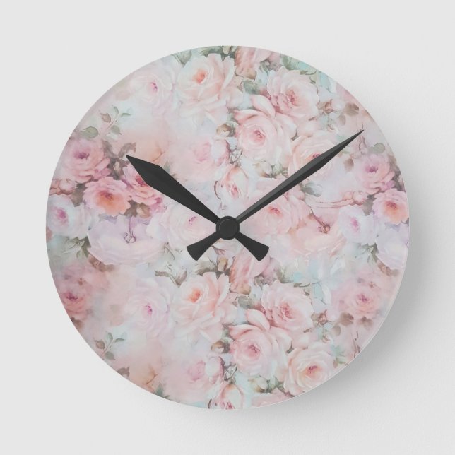 Bohemisk rosa krickavintageblommönster rund klocka (Framsida)