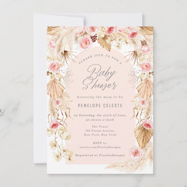 Bohemisk rosa modern blommigt boho pampas inbjudningar (Framsida)