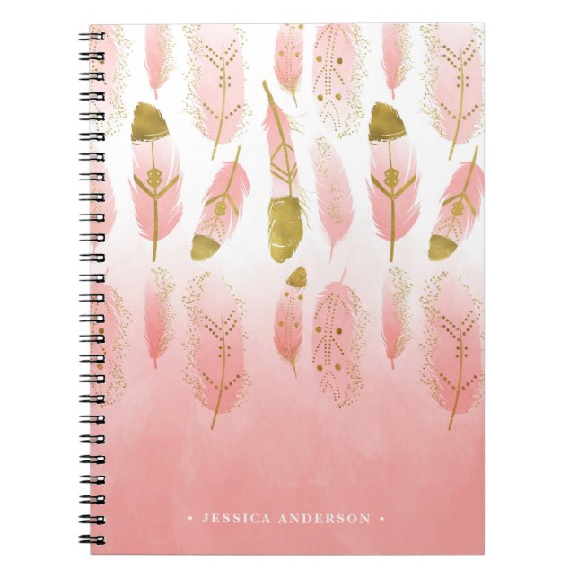 Bohemisk Rosa och Guld Feathers Ombre Notebook Anteckningsbok (Framsidan)