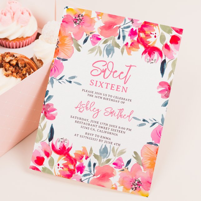 Bohemisk rosa vattenfärgblommor Söt 16 födelsedag Inbjudningar (Bohemian pink watercolor flowers Sweet 16 birthday Invitation)