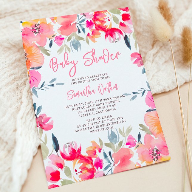 Bohemisk rosa vattenfärgsblommor, babydusch inbjudningar (Bohemian pink watercolor flowers baby shower invitation)