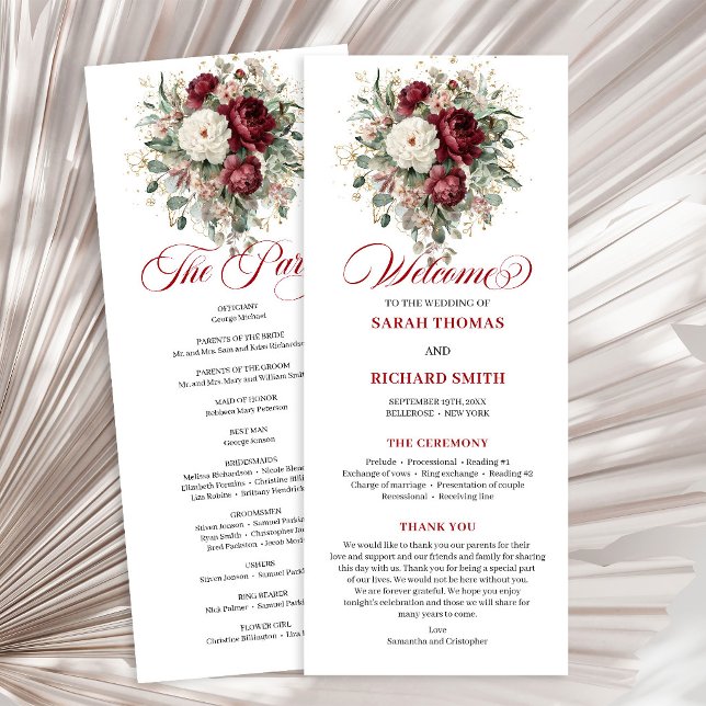Bohemisk rosabrännvin blommig bröllopsprogram program (Bohemian Blush Burgundy Floral Wedding Program)