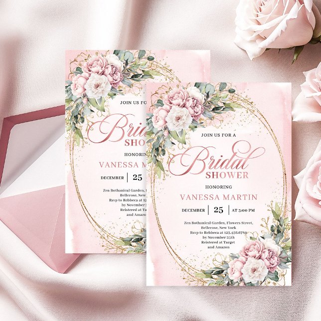 Bohemisk rosafärgade blommor guld bröllopsdusch inbjudningar (Bohemian Blush Pink Flowers Gold Shower)