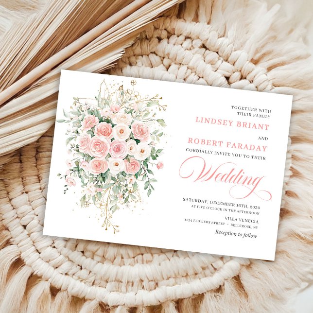 Bohemisk Rosé Blommig Guld Bröllopsinbjudan Inbjudningar (Bohemian Blush Floral Gold Wedding Invitation)