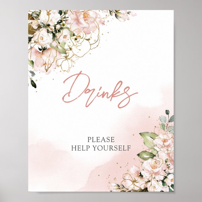Bohemisk rosé rosa guld blommig boho drycker skylt (Framsidan)