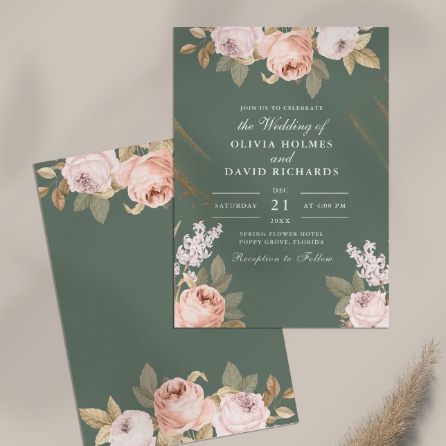 Bohemisk Saggröna Pion Bröllopsinbjudan Inbjudningar (Bohemian Sage Green Peonies Wedding Invitation on table)
