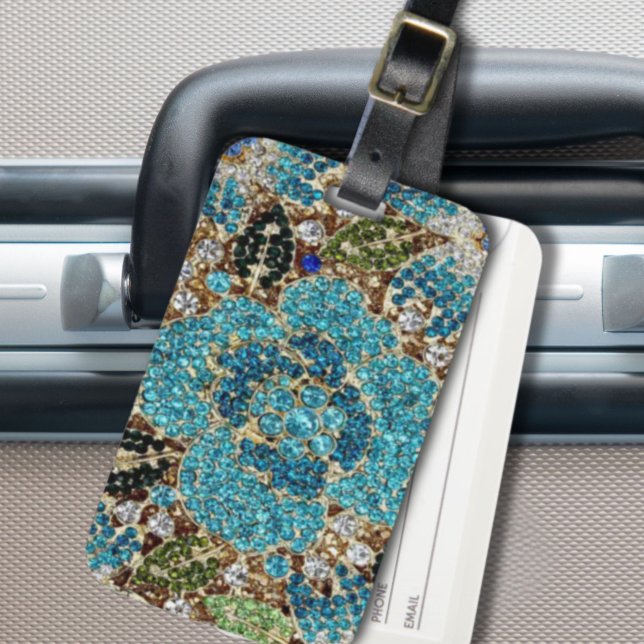 bohemisk sköldpadda (chic), silver, blåblomma bagagebricka (bohemian girly chic silver turquoise blue flower luggage tag)