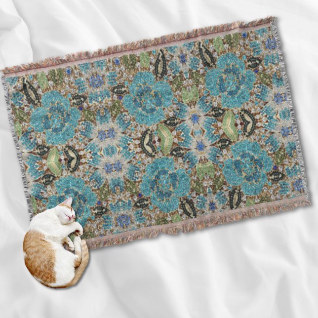 bohemisk sköldpadda (chic), silver, blåblomma filt (bohemian girly chic silver turquoise blue flower throw blanket)