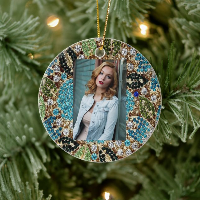 bohemisk sköldpadda (chic), silver, blåblomma julgransprydnad keramik (Träd)