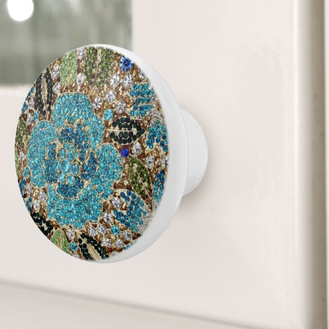 bohemisk sköldpadda (chic), silver, blåblomma knopp (bohemian girly chic silver turquoise blue flower ceramic knob)