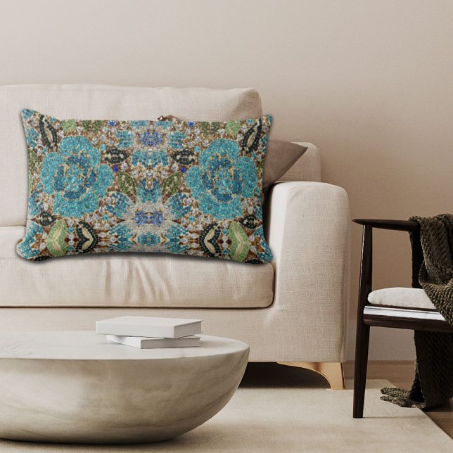 bohemisk sköldpadda (chic), silver, blåblomma lumbarkudde (bohemian girly chic silver turquoise blue flower lumbar pillow)