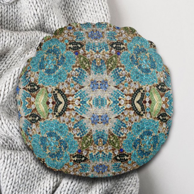 bohemisk sköldpadda (chic), silver, blåblomma rund kudde (bohemian girly chic silver turquoise blue flower round pillow)