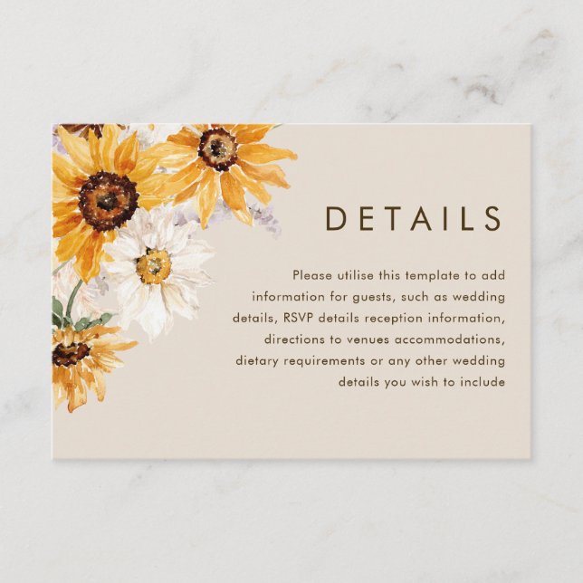 Bohemisk solrosbröllopsdetaljer tilläggskort (Framsida)