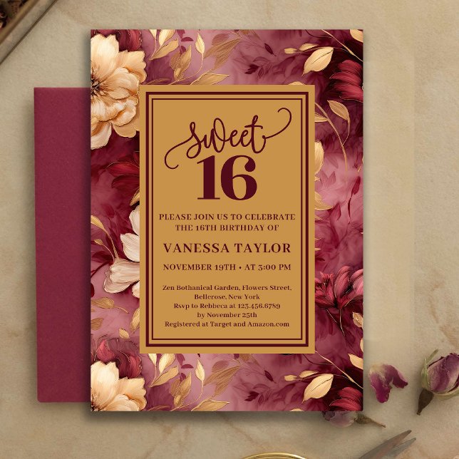 Bohemisk Sweet 16 Burgunder Rosa Blommig Inbjudan (Bohemian Sweet 16 Burgundy Blush Floral Invite)