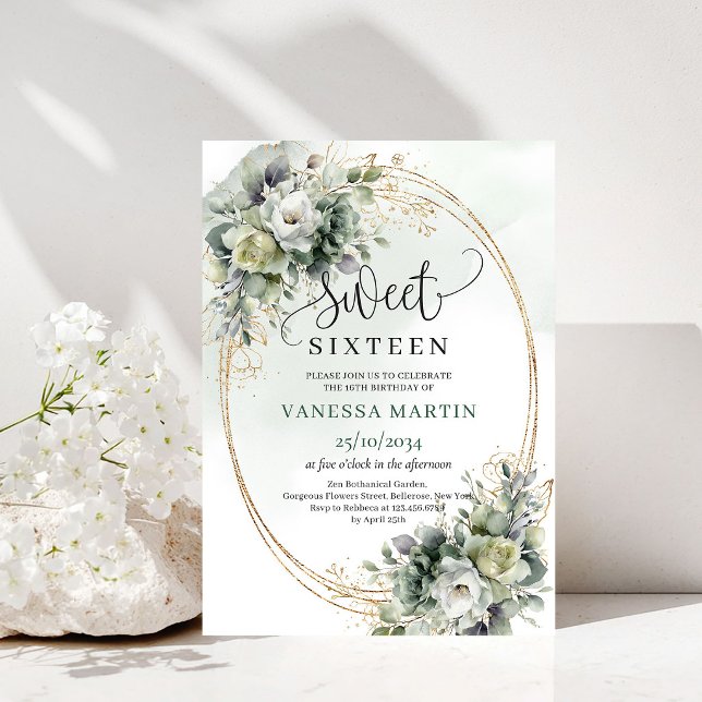 Bohemisk Sweet 16 Sagegrön Eukalyptus Inbjudan (Bohemian Sweet 16 Sage Green Eucalyptus Invitation)