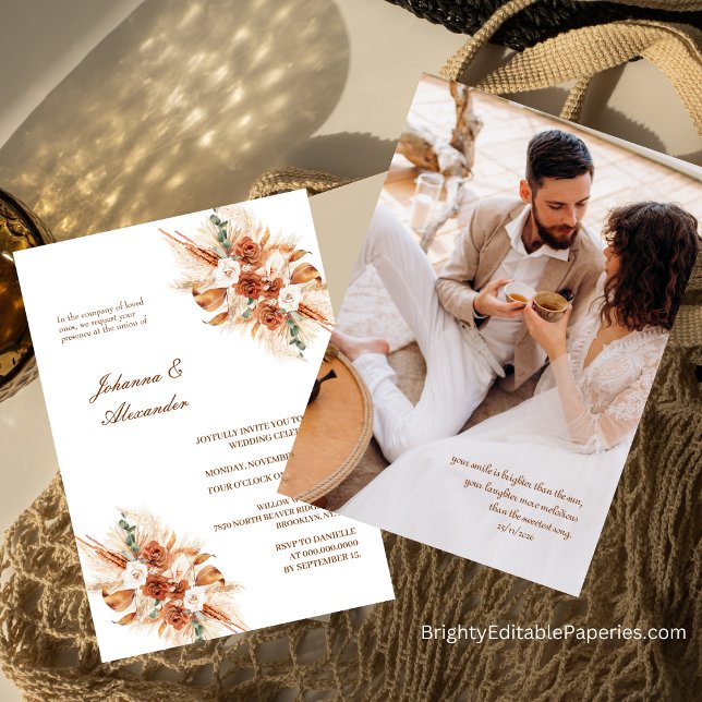 Bohemisk Terrakotta Blommig Flykt Pampasgräs Inbjudningar (Step into Boho Bliss with Our Terracotta Floral Elopement Pampas Grass Invites.)