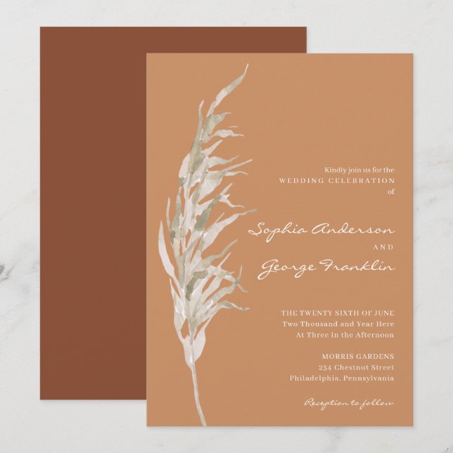 Bohemisk terrakotta bröllopsinbjudan kort (Fram/baksida)