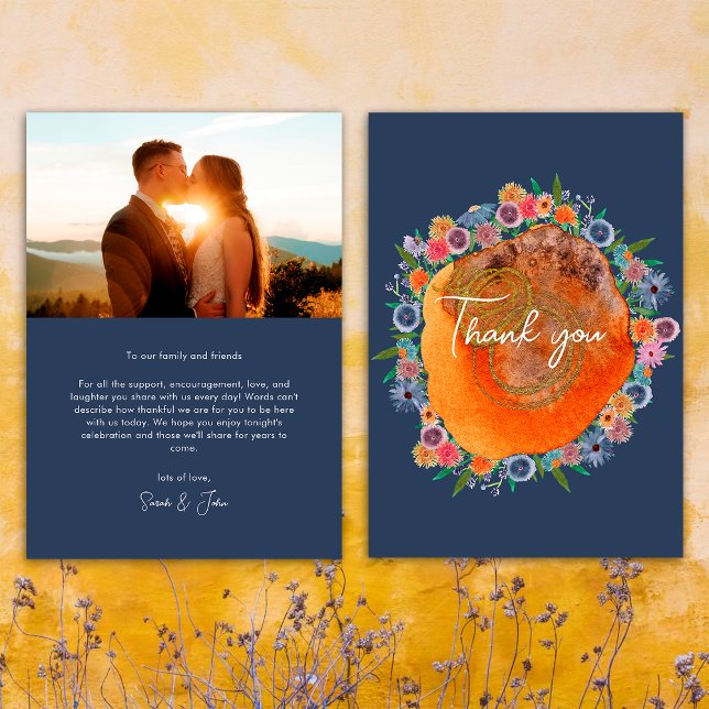 Bohemisk Trädgård Blå Boho Wildflower Foto Bröllop Tack Kort (Front/Back)