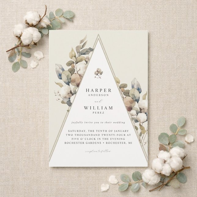 Bohemisk triangulär bomullslövbröllop inbjudningar (Rustic triangle wedding inviation featuring Cotton and eucalyptus, boho-wedding.)