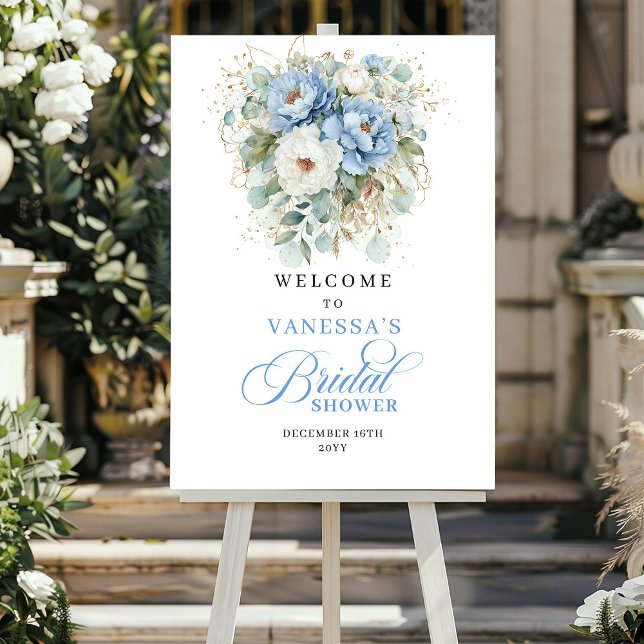 Bohemiska blå peonbröllopsfest välkommen poster (Bohemian Blue Peonies Bridal Shower Welcome)