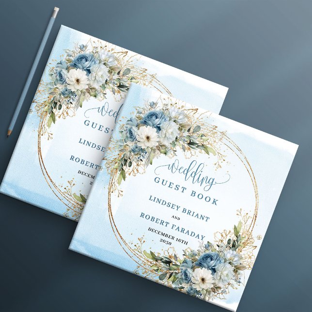 Bohemiska blåa blommor Eukalyptus Guld Gästbok (Bohemian Blue Flowers Eucalyptus Gold Guest Book)