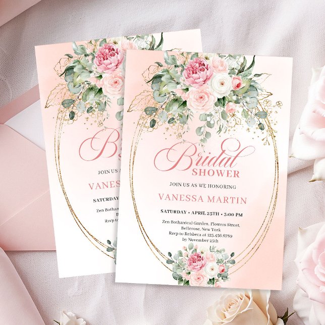 Bohemiska Blush Rosor Eukalyptus Guld Bröllopsfest Inbjudningar (Bohemian Blush Roses Eucalyptus Bridal Shower Invitation)
