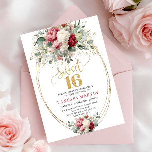 Bohemiska Burgundy Rosenskära Grönska Sweet 16 Inb Inbjudningar