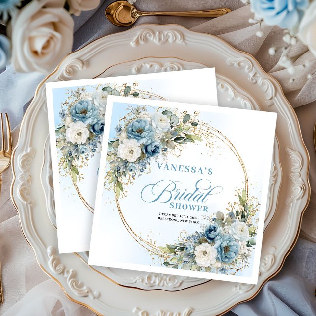 Bohemiska dammiga blå blommiga nappar med guldram pappersservett (Bohemian Dusty Blue Floral Gold Frame Napkins)