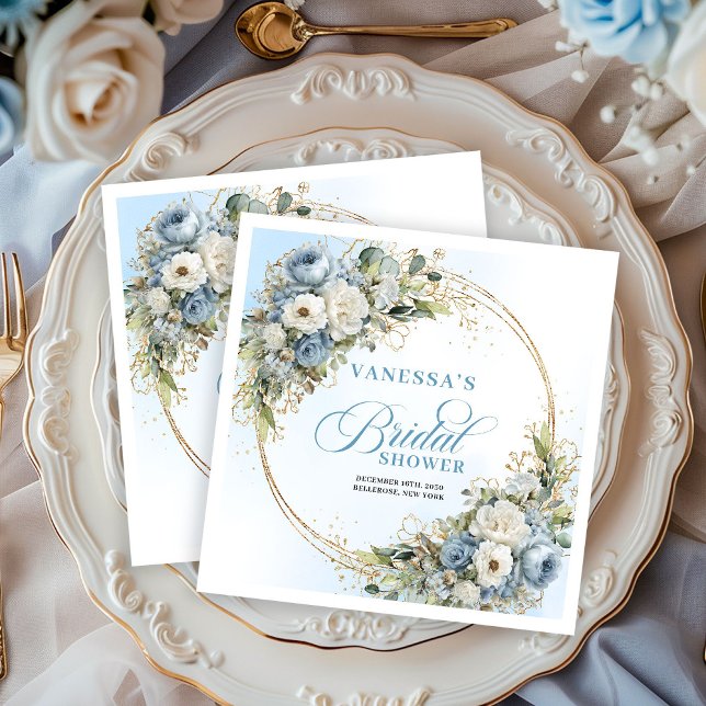 Bohemiska dammiga blå blommor guld ram bröllop pappersservett (Bohemian dusty blue flowers gold frame bridal napkins

)