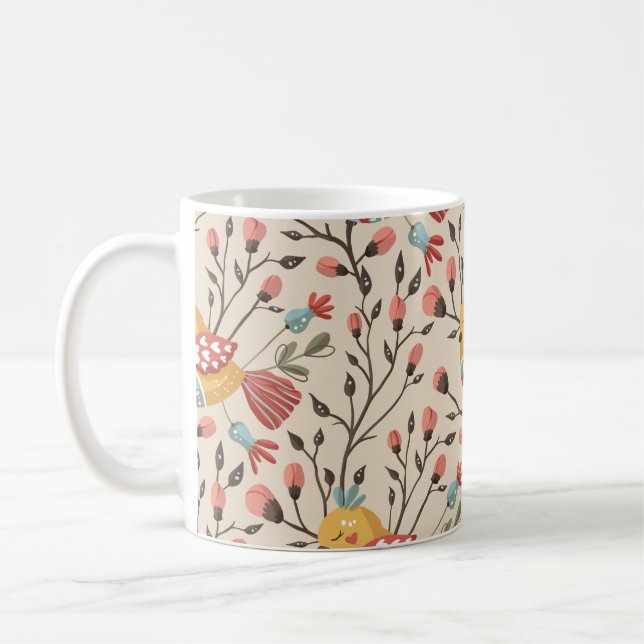 Bohemiska fåglar och blommor Mönster - naturinspir Kaffemugg (Vänster)