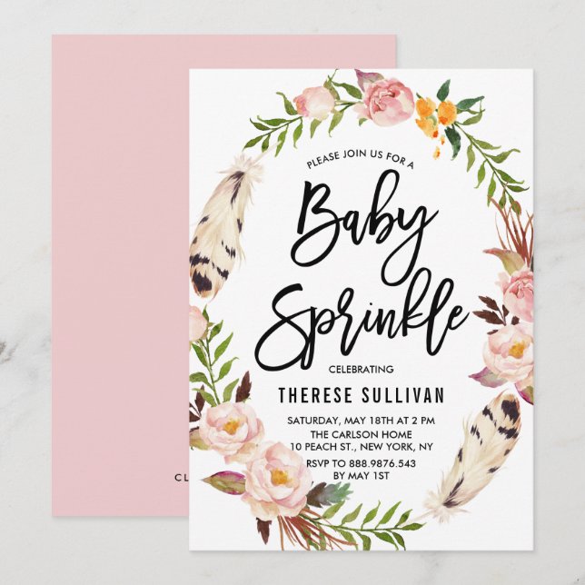 Bohemiska Feathers Blommigt Utandning Rosa Baby Sp Inbjudningar (Fram/baksida)