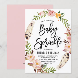Bohemiska Feathers Blommigt Utandning Rosa Baby Sp Inbjudningar