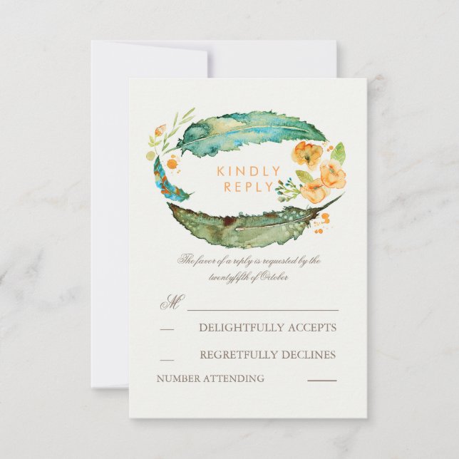 Bohemiska Feathers Teal Bröllops OSA Cards (Framsida)